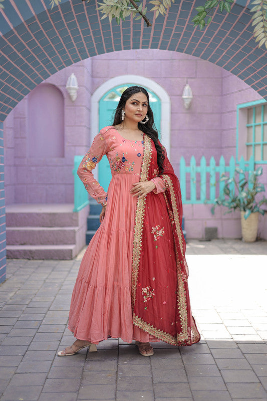 Women's Peach Faux Georgette Thread Embroidery Anarkali Dress With Dupatta - Jyoti Fashion