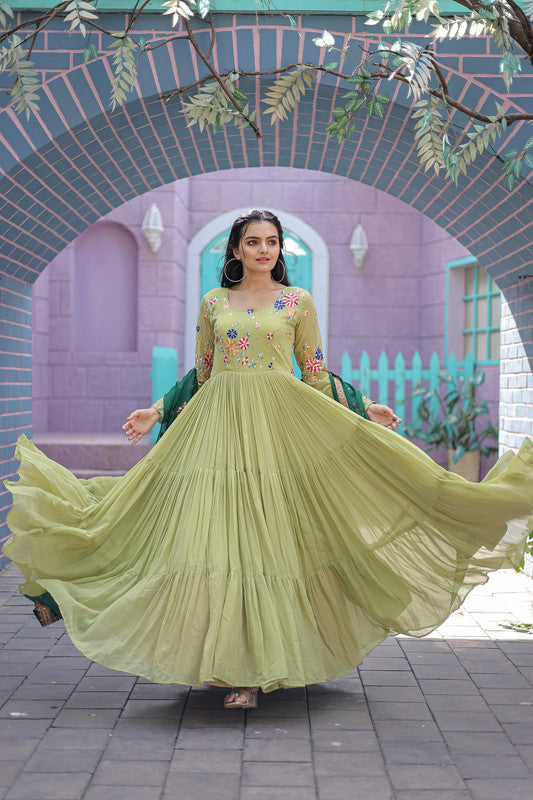 Women's Pista Faux Georgette Thread Embroidery Anarkali Dress With Dupatta - Jyoti Fashion
