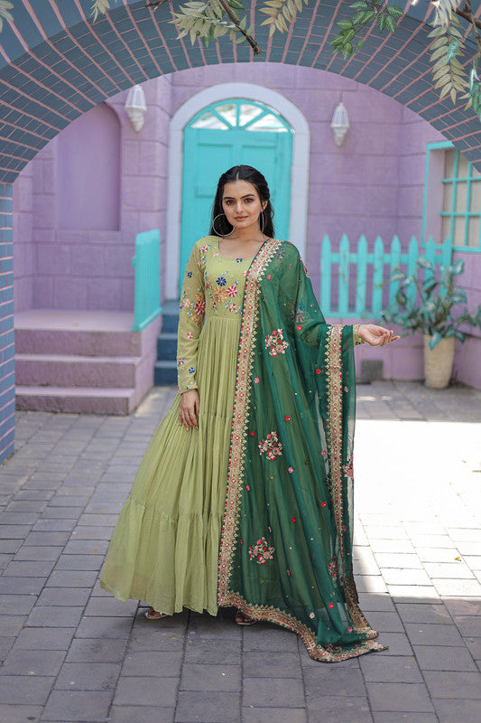 Women's Pista Faux Georgette Thread Embroidery Anarkali Dress With Dupatta - Jyoti Fashion