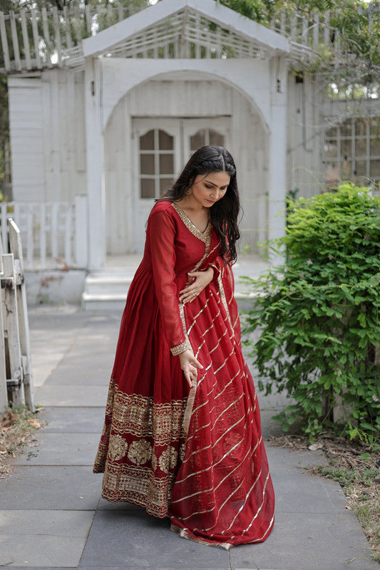 Women's Maroon Faux Blooming Sequins Embroidery Anarkali Dress With Dupatta