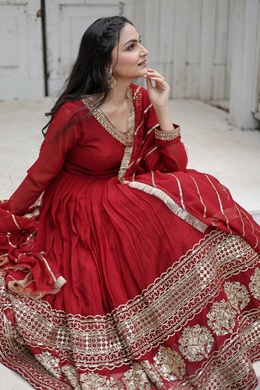 Women's Maroon Faux Blooming Sequins Embroidery Anarkali Dress With Dupatta