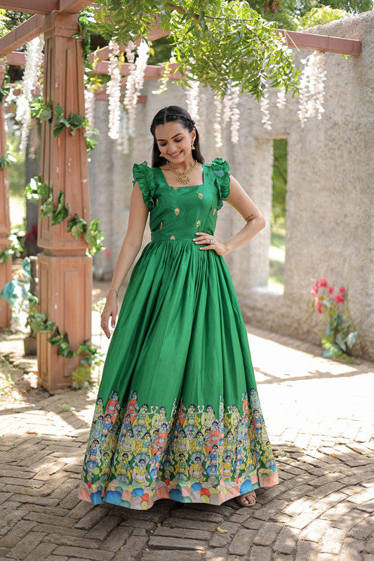 Women's Green Dola Silk Printed Festive Designer Anarkali Dress - Jyoti Fashion