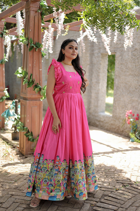 Women's Pink Dola Silk Printed Festive Designer Anarkali Dress - Jyoti Fashion