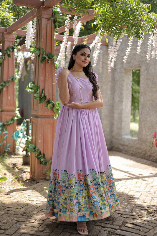 Women's Purple Dola Silk Printed Festive Designer Anarkali Dress - Jyoti Fashion