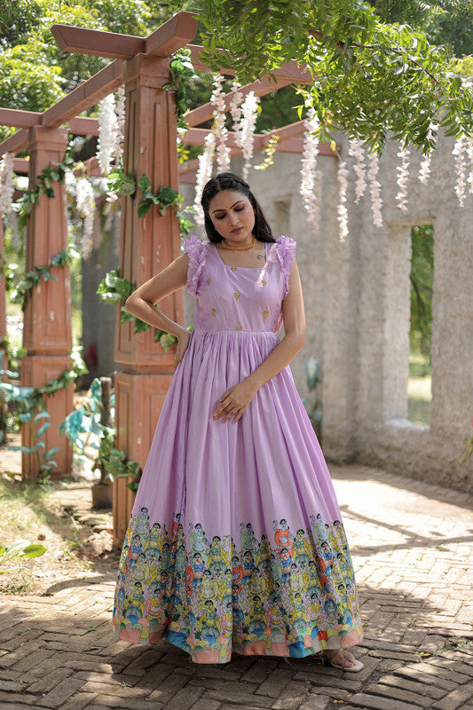Women's Purple Dola Silk Printed Festive Designer Anarkali Dress - Jyoti Fashion