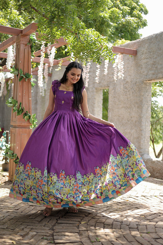 Women's Wine Dola Silk Printed Festive Designer Anarkali Dress - Jyoti Fashion