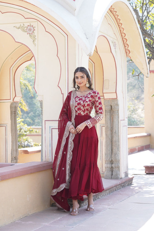 Women's Maroon Faux Blooming Jacquard With Sequins Embroidered Anarkali Dress With Dupatta - Jyoti Fashion
