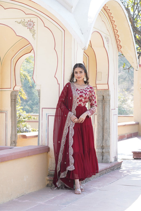 Women's Maroon Faux Blooming Jacquard With Sequins Embroidered Anarkali Dress With Dupatta - Jyoti Fashion