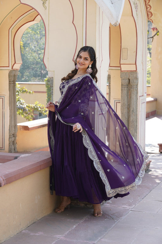 Women's Purple Faux Blooming Jacquard With Sequins Embroidered Anarkali Dress With Dupatta - Jyoti Fashion