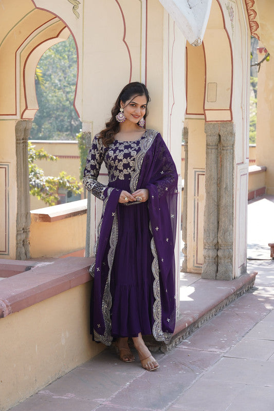 Women's Purple Faux Blooming Jacquard With Sequins Embroidered Anarkali Dress With Dupatta - Jyoti Fashion