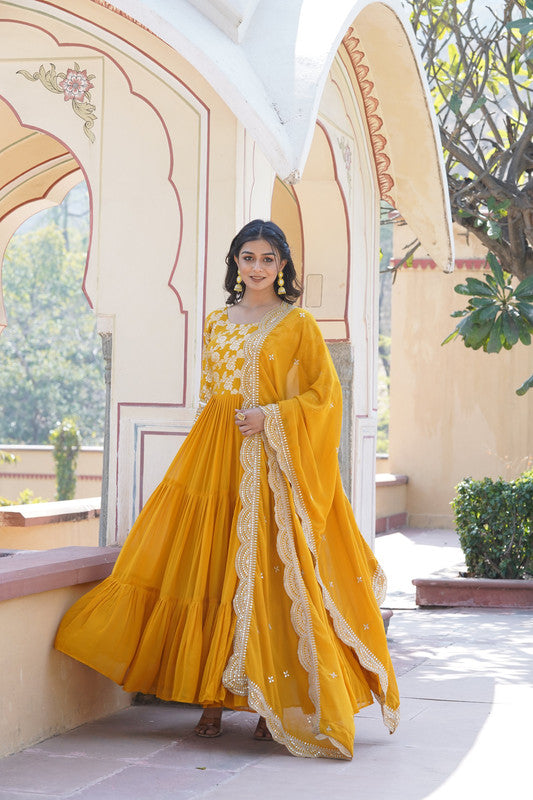 Women's Yellow Faux Blooming Jacquard With Sequins Embroidered Anarkali Dress With Dupatta - Jyoti Fashion