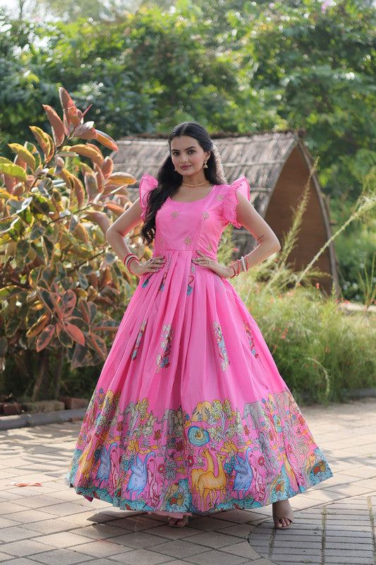 Women's Pink Dola Silk Printed Festive Designer Anarkali Dress - Jyoti Fashion