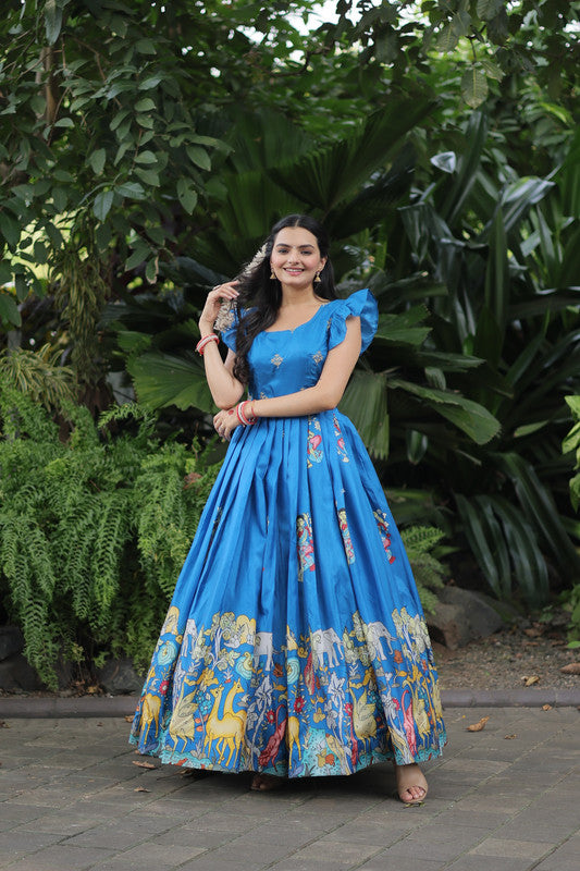 Women's Sky Blue Dola Silk Printed Festive Designer Anarkali Dress - Jyoti Fashion