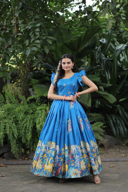 Women's Sky Blue Dola Silk Printed Festive Designer Anarkali Dress - Jyoti Fashion