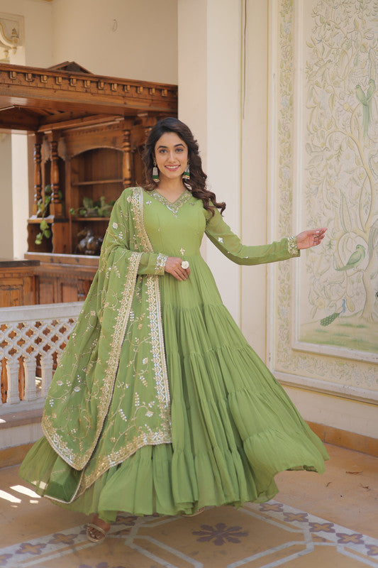 Women's Green Faux Georgette Embroidered Partywear Anarkali Dress With Dupatta - Jyoti Fashion