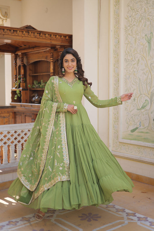 Women's Green Faux Georgette Embroidered Partywear Anarkali Dress With Dupatta