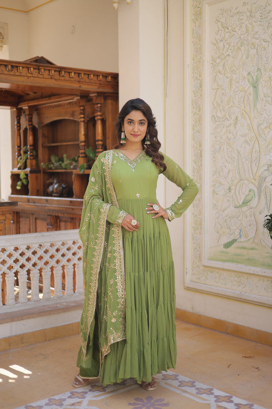 Women's Green Faux Georgette Embroidered Partywear Anarkali Dress With Dupatta