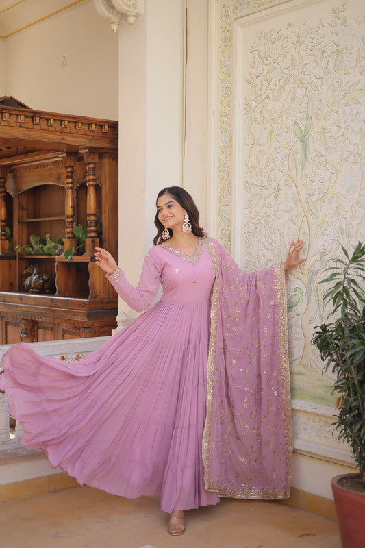 Women's Purple Faux Georgette Embroidered Partywear Anarkali Dress With Dupatta