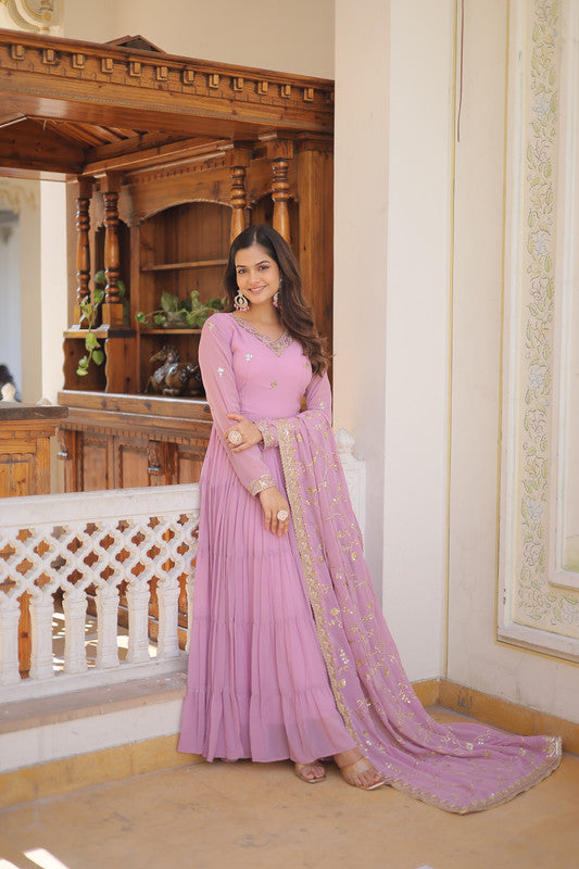 Women's Purple Faux Georgette Embroidered Partywear Anarkali Dress With Dupatta