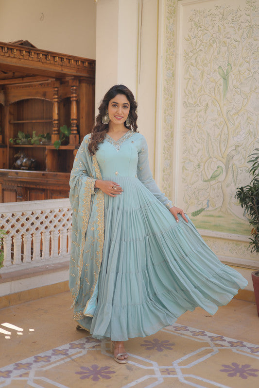 Women's Sky Blue Faux Georgette Embroidered Partywear Anarkali Dress With Dupatta - Jyoti Fashion