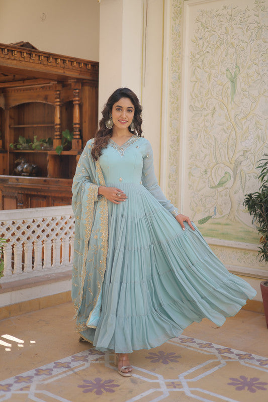 Women's Sky Blue Faux Georgette Embroidered Partywear Anarkali Dress With Dupatta