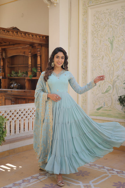 Women's Sky Blue Faux Georgette Embroidered Partywear Anarkali Dress With Dupatta Blue / M | Trendia Global Women's Sky Blue Faux Georgette Embroidered Partywear Anarkali Dress With Dupatta Blue / M | Trendia Global