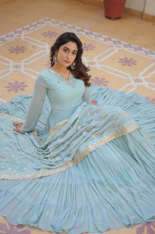 Women's Sky Blue Faux Georgette Embroidered Partywear Anarkali Dress With Dupatta