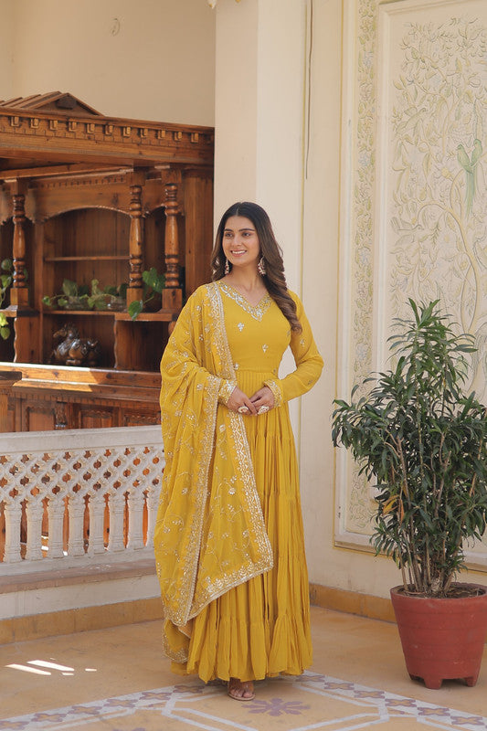 Women's Yellow Faux Georgette Embroidered Partywear Anarkali Dress With Dupatta