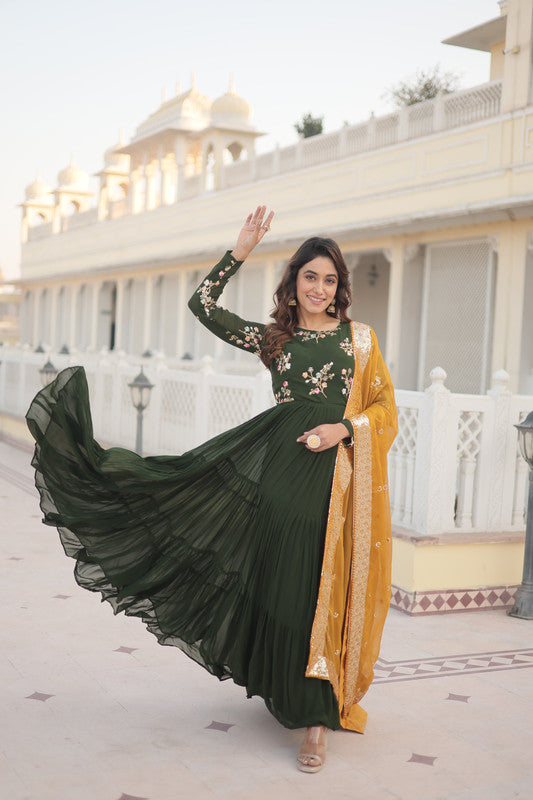 Women's Green Faux Georgette Sequins Embroidered Partywear Anarkali Dress With Dupatta - Jyoti Fashion