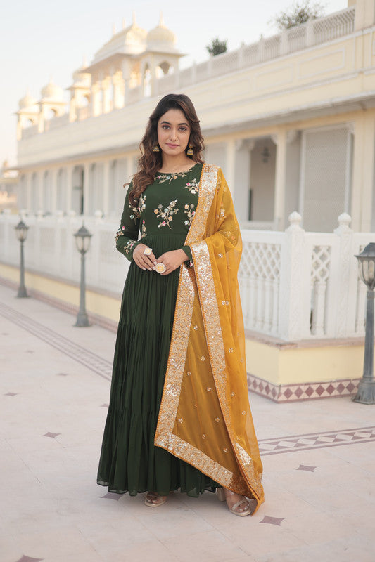 Women's Green Faux Georgette Sequins Embroidered Partywear Anarkali Dress With Dupatta - Jyoti Fashion