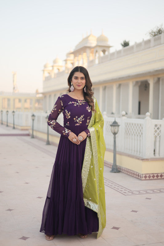 Women's Wine Faux Georgette Sequins Embroidered Partywear Anarkali Dress With Dupatta - Jyoti Fashion