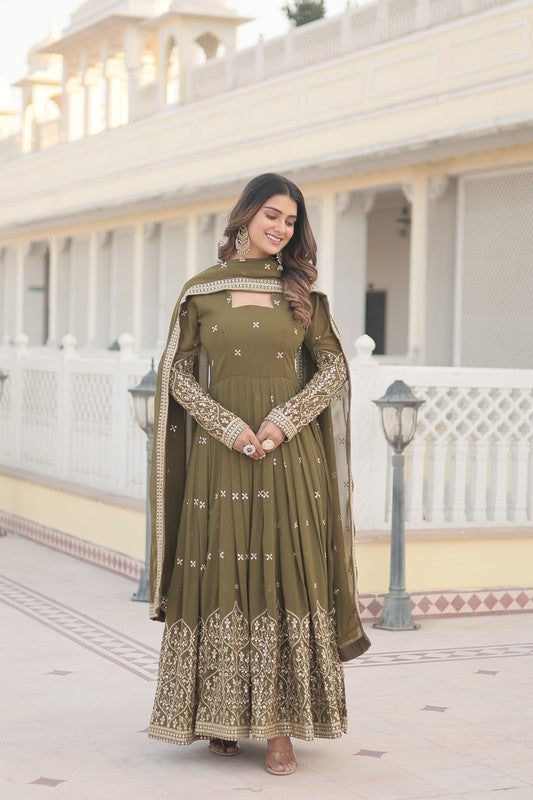 Women's Mehendi Faux Georgette Sequins Embroidered Partywear Anarkali Dress With Dupatta - Jyoti Fashion