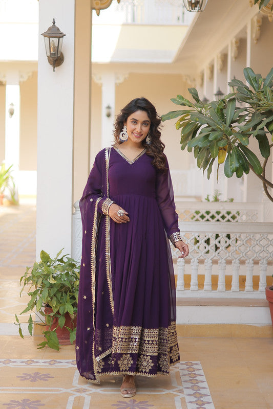 Women's Purple Faux Blooming Sequins Embroidered Partywear Anarkali Dress With Dupatta - Jyoti Fashion