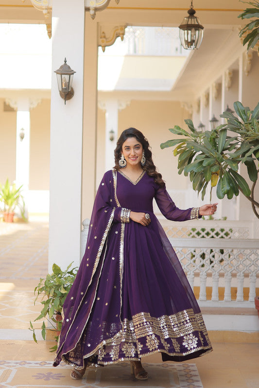 Women's Purple Faux Blooming Sequins Embroidered Partywear Anarkali Dress With Dupatta - Jyoti Fashion