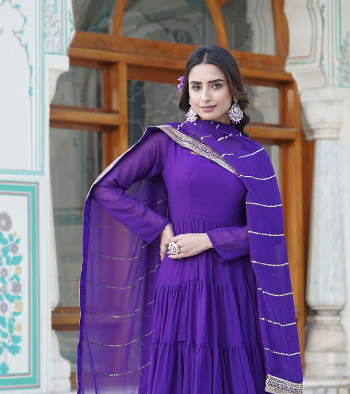 Women's Purple Faux Georgette Frill Work Partywear Anarkali Dress With Dupatta - Jyoti Fashion
