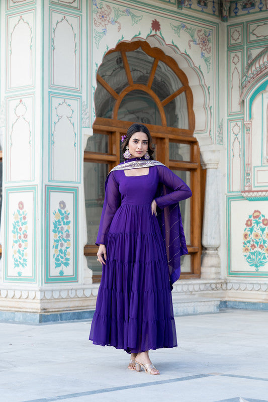 Women's Purple Faux Georgette Frill Work Partywear Anarkali Dress With Dupatta - Jyoti Fashion