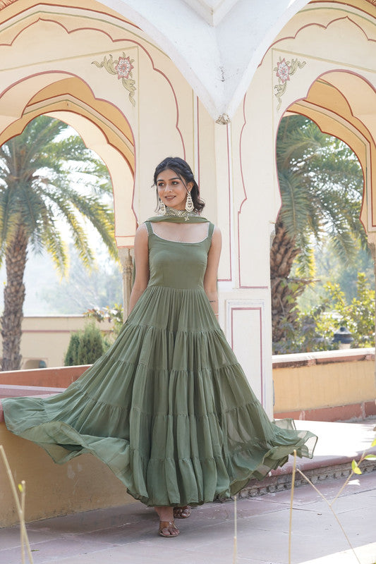 Women's Green Faux Georgette Frill Work Partywear Anarkali Dress With Dupatta - Jyoti Fashion