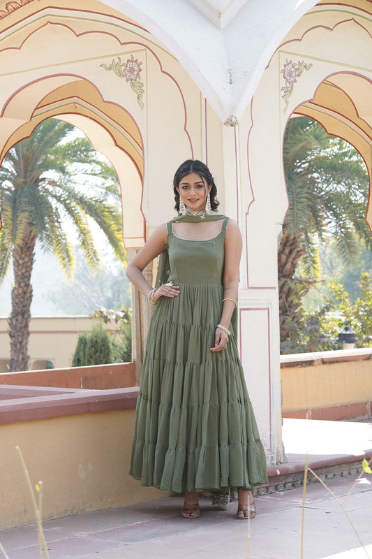 Women's Green Faux Georgette Frill Work Partywear Anarkali Dress With Dupatta - Jyoti Fashion