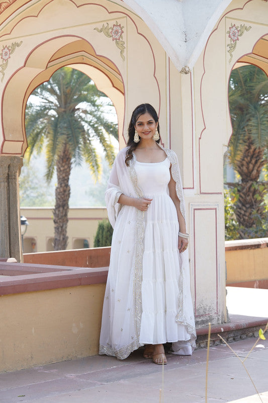 Women's White Faux Georgette Frill Work Partywear Anarkali Dress With Dupatta - Jyoti Fashion