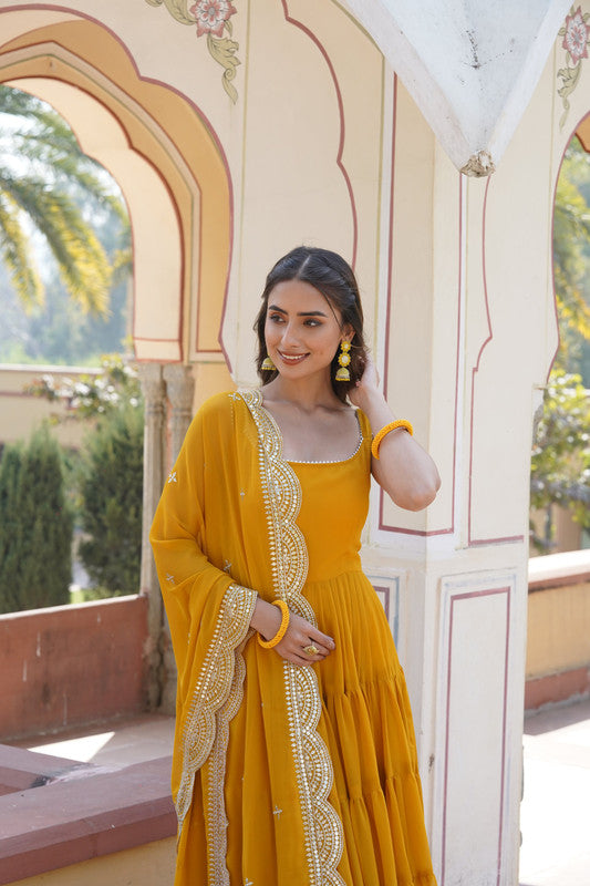 Women's Yellow Faux Georgette Frill Work Partywear Anarkali Dress With Dupatta - Jyoti Fashion