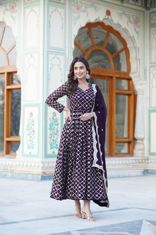 Women's Wine Faux Blooming Sequins Embroidered Partywear Anarkali Dress With Dupatta - Jyoti Fashion