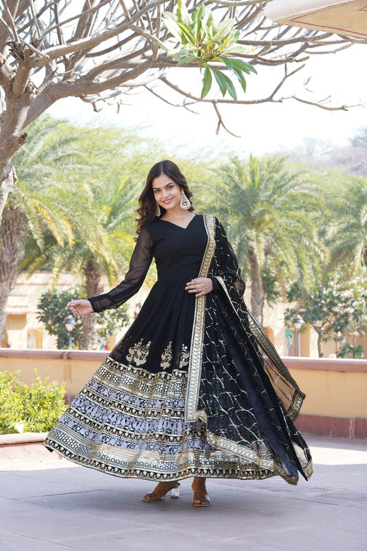 Women's Black Faux Blooming Sequins Embroidered Partywear Anarkali Dress With Dupatta - Jyoti Fashion