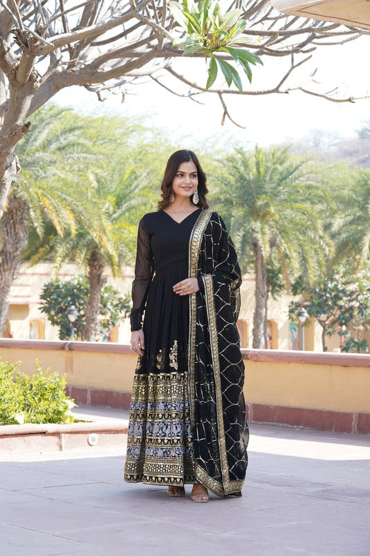 Women's Black Faux Blooming Sequins Embroidered Partywear Anarkali Dress With Dupatta - Jyoti Fashion