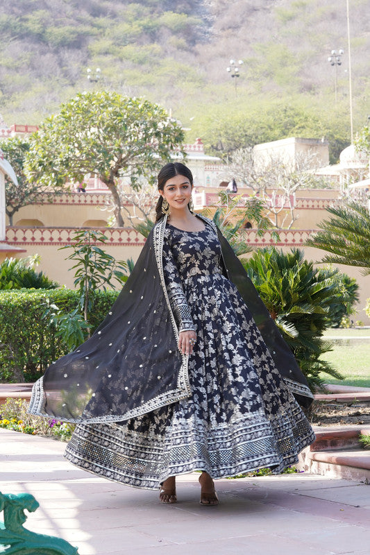 Women's Black Viscose Jacquard With Sequins Embroidered Anarkali Dress With Dupatta - Jyoti Fashion
