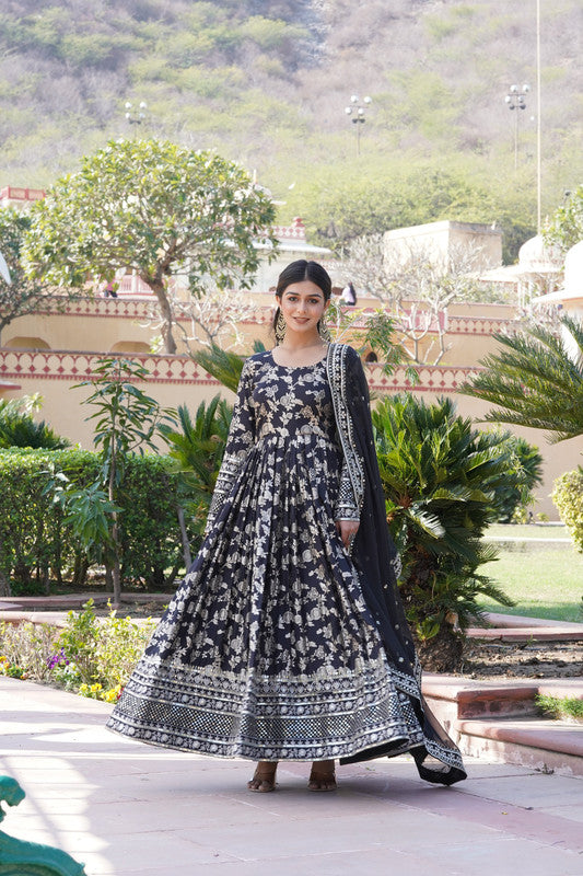 Women's Black Viscose Jacquard With Sequins Embroidered Anarkali Dress With Dupatta - Jyoti Fashion