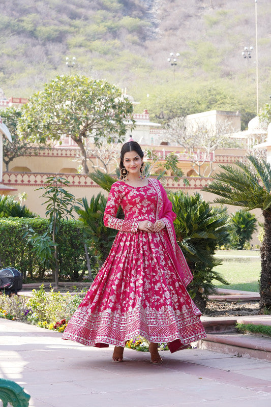 Women's Pink Viscose Jacquard With Sequins Embroidered Anarkali Dress With Dupatta