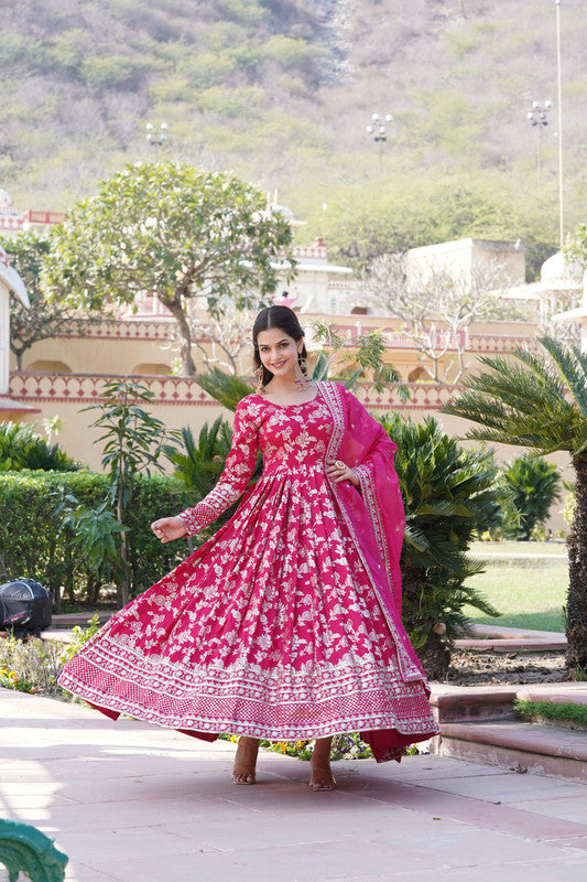 Women's Pink Viscose Jacquard With Sequins Embroidered Anarkali Dress With Dupatta