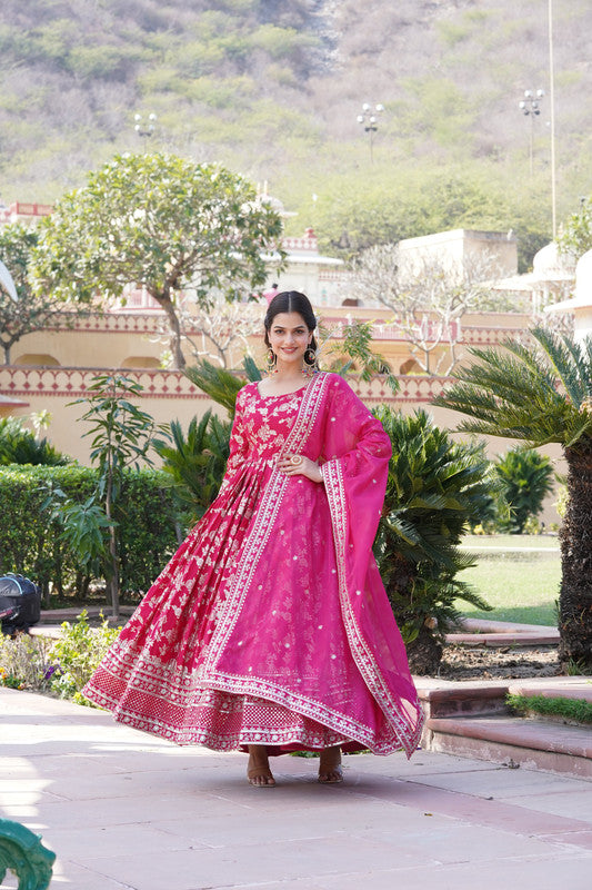 Women's Pink Viscose Jacquard With Sequins Embroidered Anarkali Dress With Dupatta