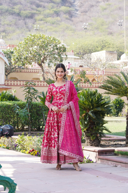 Women's Pink Viscose Jacquard With Sequins Embroidered Anarkali Dress With Dupatta - Jyoti Fashion