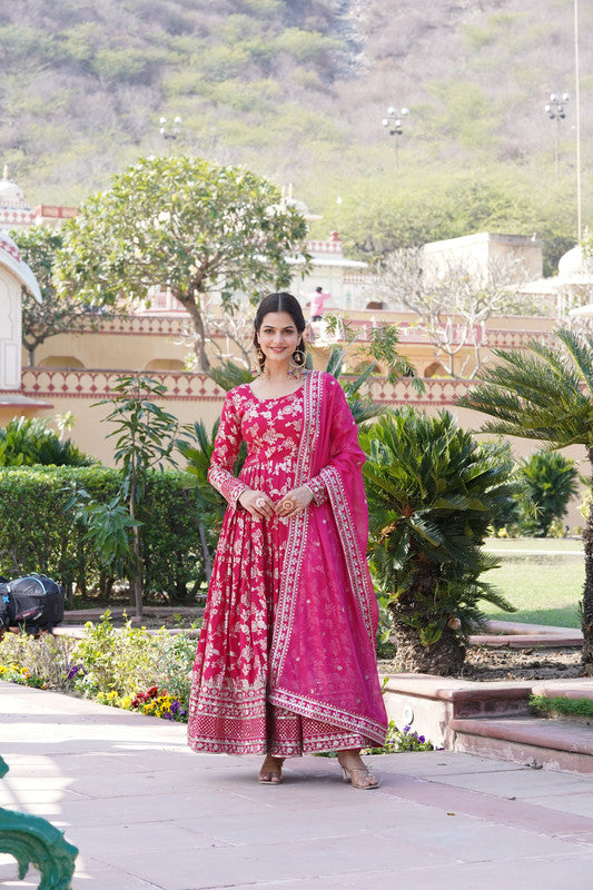 Women's Pink Viscose Jacquard With Sequins Embroidered Anarkali Dress With Dupatta